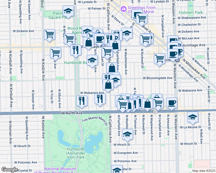 map of restaurants, bars, coffee shops, grocery stores, and more near 1732 North California Avenue in Chicago