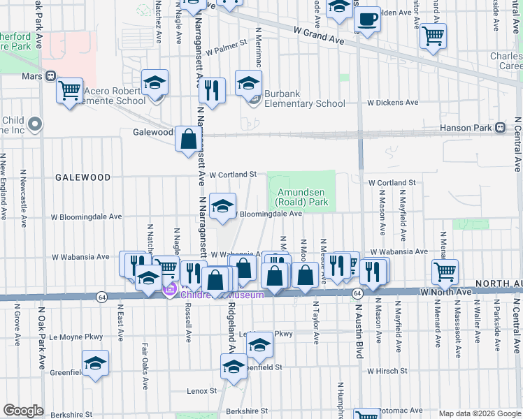 map of restaurants, bars, coffee shops, grocery stores, and more near 1800 North Merrimac Avenue in Chicago