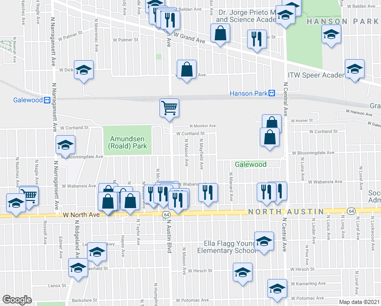 map of restaurants, bars, coffee shops, grocery stores, and more near 1801 North Mason Avenue in Chicago