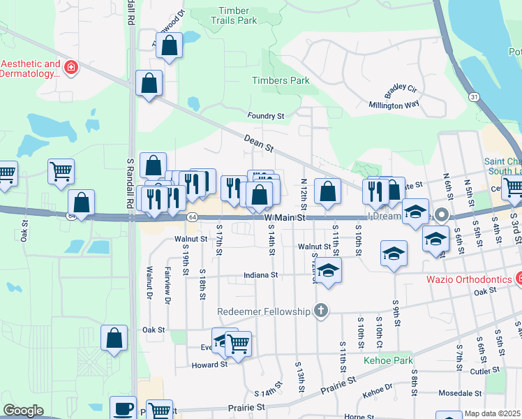 map of restaurants, bars, coffee shops, grocery stores, and more near 1450 West Main Street in St. Charles