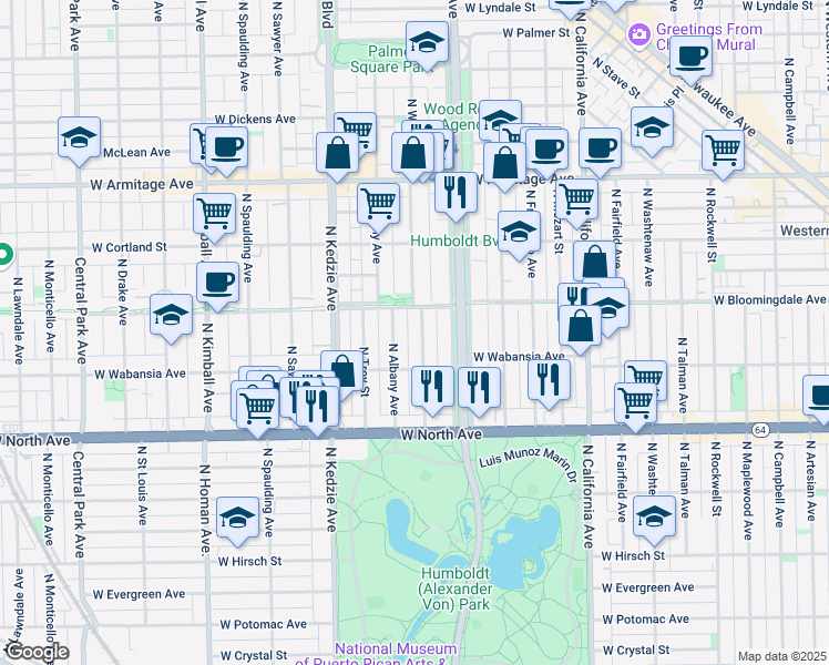 map of restaurants, bars, coffee shops, grocery stores, and more near 1736 N Whipple St in Chicago