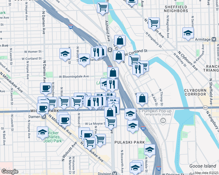 map of restaurants, bars, coffee shops, grocery stores, and more near 1718 North Ashland Avenue in Chicago