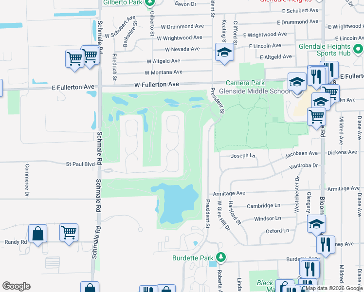 map of restaurants, bars, coffee shops, grocery stores, and more near 1461 Golfview Drive in Glendale Heights