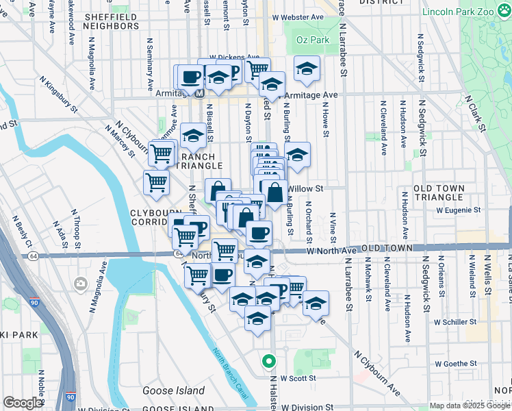 map of restaurants, bars, coffee shops, grocery stores, and more near 1709 North Dayton Street in Chicago