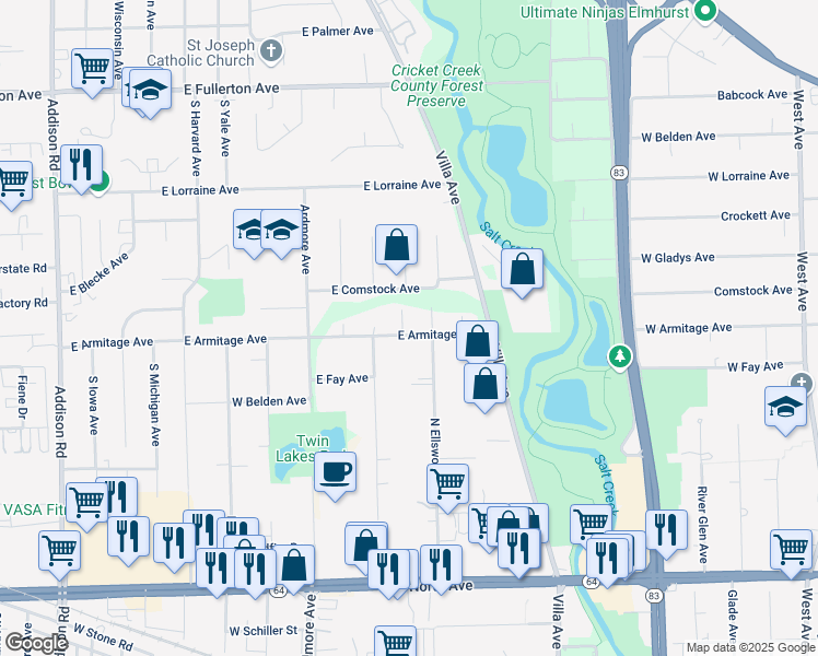 map of restaurants, bars, coffee shops, grocery stores, and more near 540 East Armitage Avenue in Addison