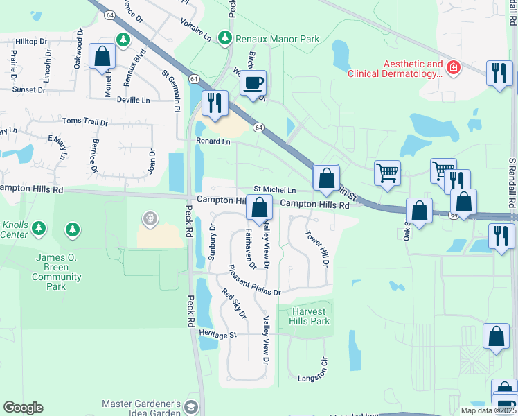 map of restaurants, bars, coffee shops, grocery stores, and more near 212 Valley View Drive in St. Charles