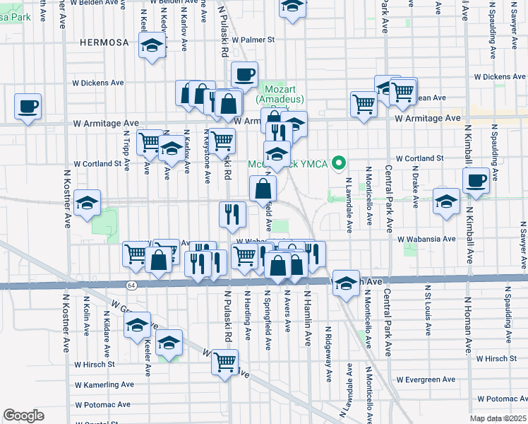 map of restaurants, bars, coffee shops, grocery stores, and more near 1750 North Springfield Avenue in Chicago