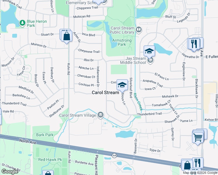 map of restaurants, bars, coffee shops, grocery stores, and more near 421 Arrowhead Trail in Carol Stream