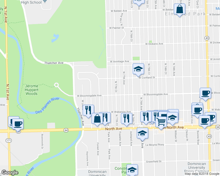 map of restaurants, bars, coffee shops, grocery stores, and more near 1821 North 78th Avenue in Chicago