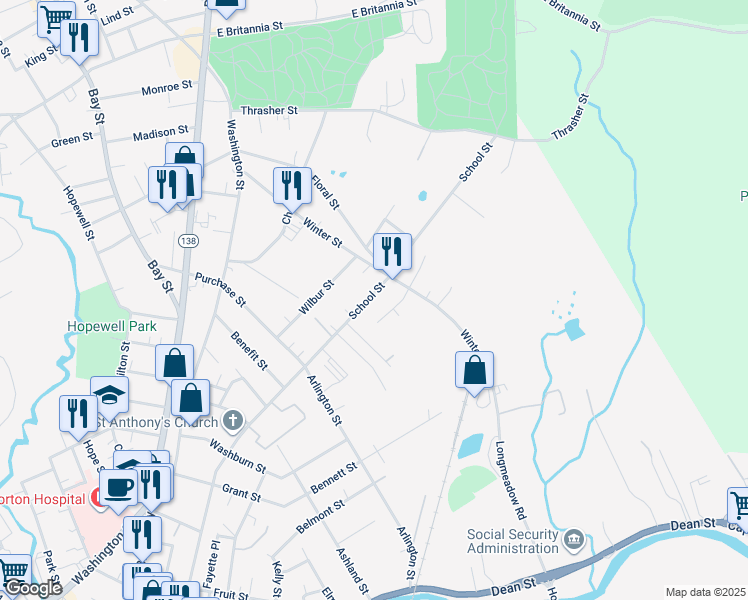 map of restaurants, bars, coffee shops, grocery stores, and more near 209 School Street in Taunton