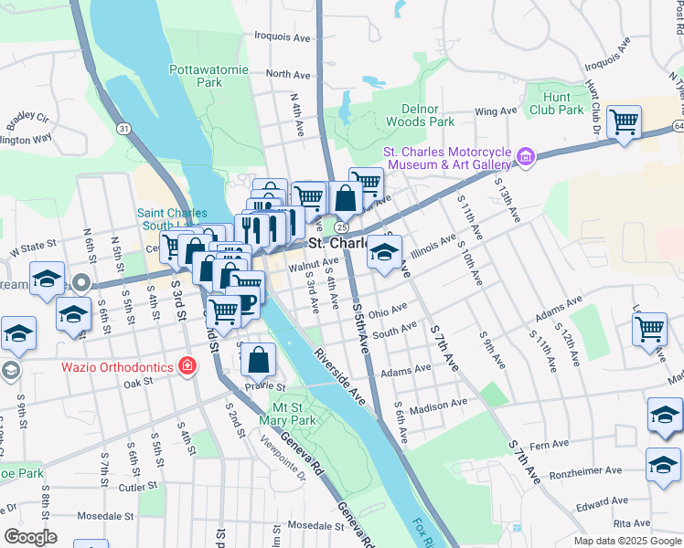 map of restaurants, bars, coffee shops, grocery stores, and more near 111 South 5th Avenue in St. Charles
