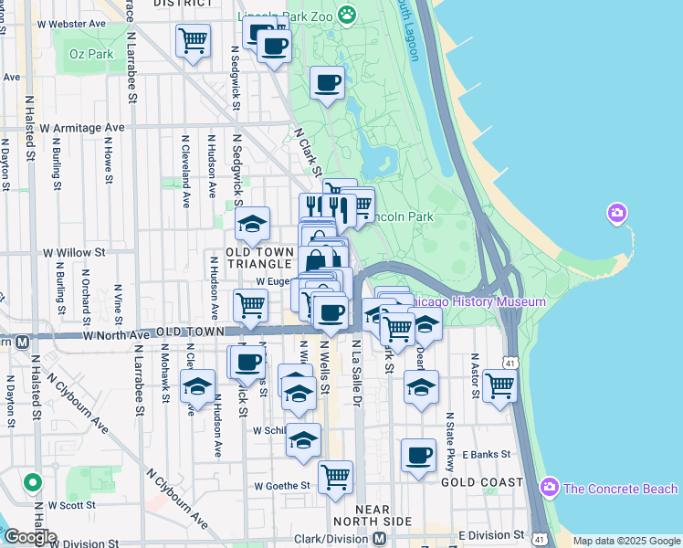 map of restaurants, bars, coffee shops, grocery stores, and more near 170 West Eugenie Street in Chicago
