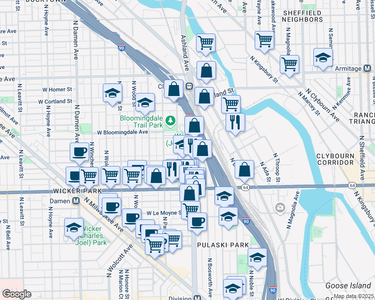 map of restaurants, bars, coffee shops, grocery stores, and more near 1717 North Ashland Avenue in Chicago