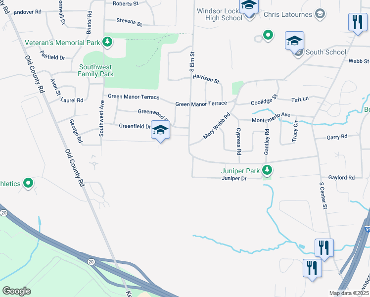 map of restaurants, bars, coffee shops, grocery stores, and more near 251 South Elm Street in Windsor Locks