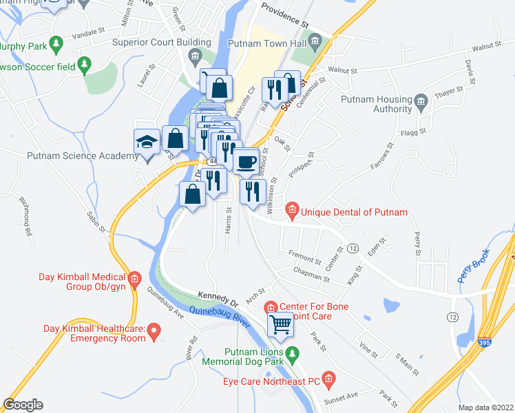 map of restaurants, bars, coffee shops, grocery stores, and more near 11 School Street in Putnam