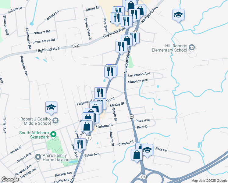 map of restaurants, bars, coffee shops, grocery stores, and more near 1 Horton Avenue in Attleboro