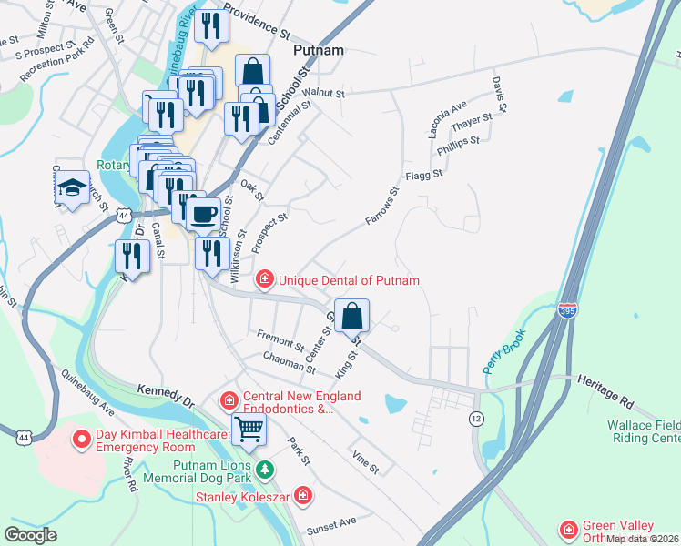 map of restaurants, bars, coffee shops, grocery stores, and more near 36 Florence Street in Putnam
