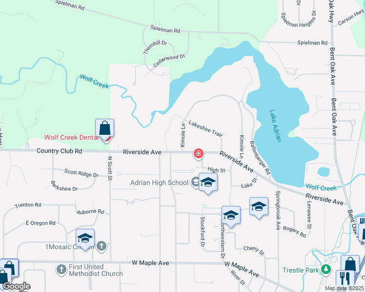 map of restaurants, bars, coffee shops, grocery stores, and more near 770 Riverside Avenue in Adrian