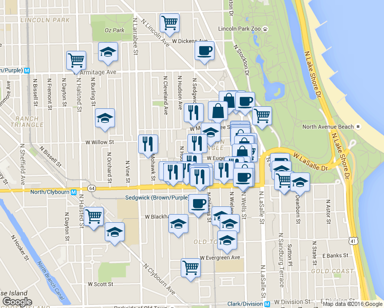 map of restaurants, bars, coffee shops, grocery stores, and more near 1700 North Sedgwick Street in Chicago
