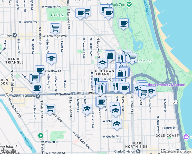 map of restaurants, bars, coffee shops, grocery stores, and more near 1700 North Sedgwick Street in Chicago