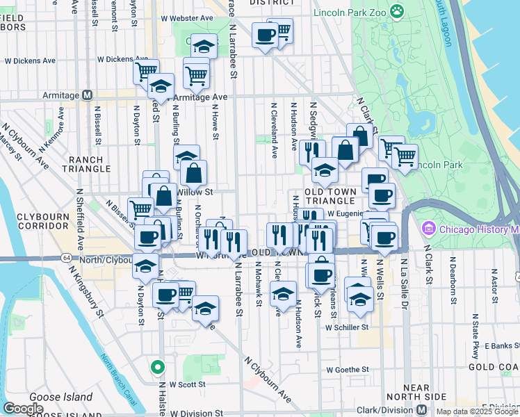map of restaurants, bars, coffee shops, grocery stores, and more near 518 West Eugenie Street in Chicago