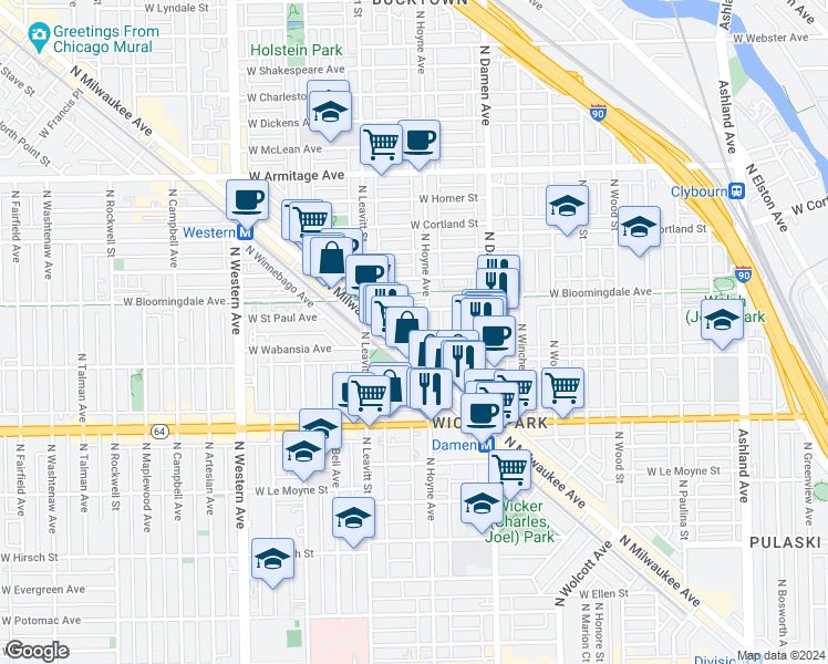 map of restaurants, bars, coffee shops, grocery stores, and more near 1731 North Milwaukee Avenue in Chicago