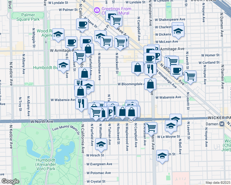 map of restaurants, bars, coffee shops, grocery stores, and more near 1731 North Talman Avenue in Chicago