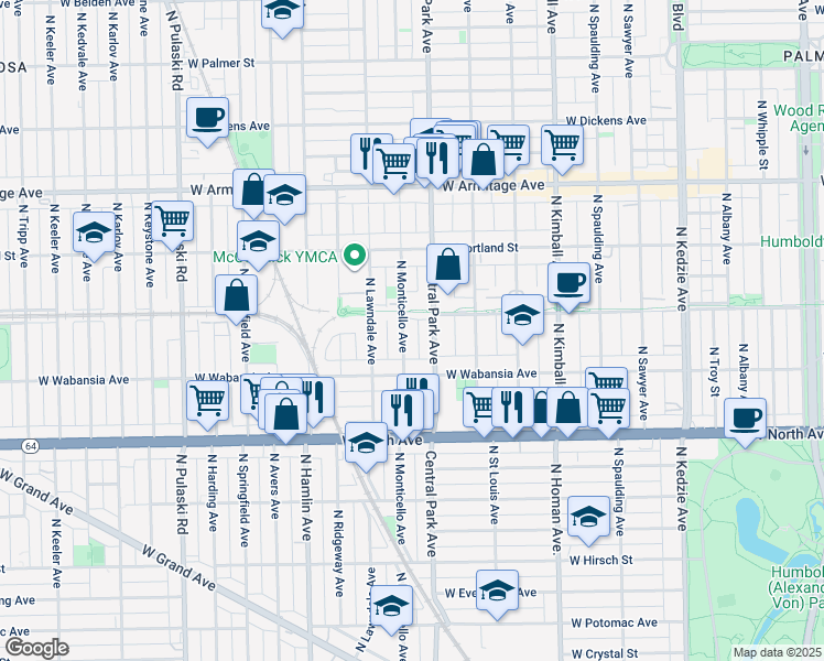 map of restaurants, bars, coffee shops, grocery stores, and more near 1738 North Central Park Avenue in Chicago
