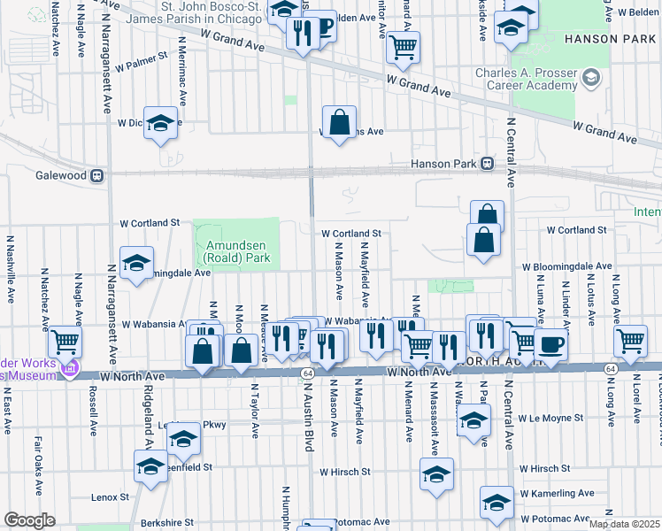 map of restaurants, bars, coffee shops, grocery stores, and more near 1801 North Mason Avenue in Chicago