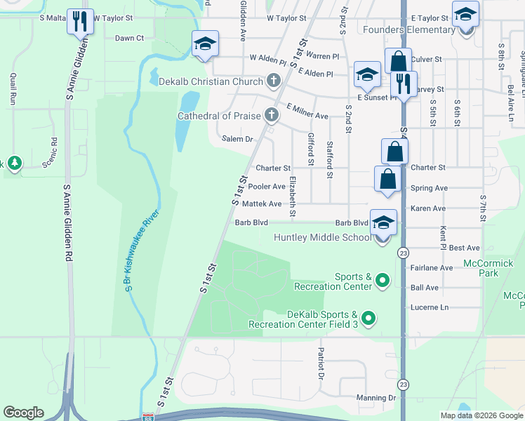 map of restaurants, bars, coffee shops, grocery stores, and more near 108 Mattek Avenue in DeKalb