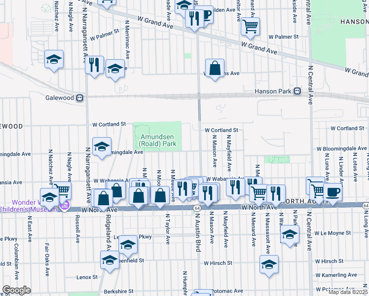 map of restaurants, bars, coffee shops, grocery stores, and more near 1801 North McVicker Avenue in Chicago