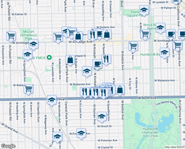 map of restaurants, bars, coffee shops, grocery stores, and more near 1740 North Kimball Avenue in Chicago