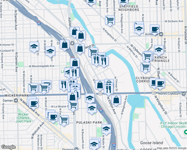 map of restaurants, bars, coffee shops, grocery stores, and more near 1700 North Elston Avenue in Chicago