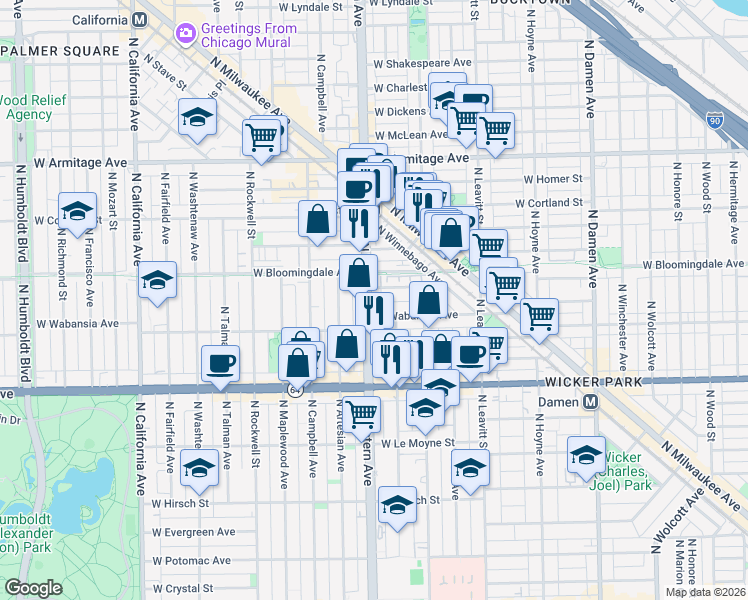 map of restaurants, bars, coffee shops, grocery stores, and more near 1731 North Western Avenue in Chicago