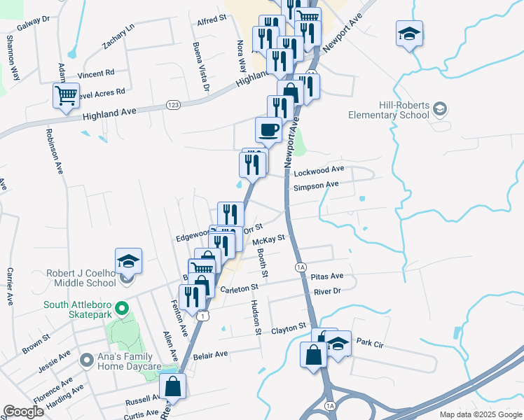 map of restaurants, bars, coffee shops, grocery stores, and more near 1 Horton Avenue in Attleboro