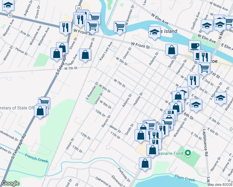 map of restaurants, bars, coffee shops, grocery stores, and more near 618 West 8th Street in Monroe