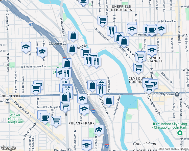 map of restaurants, bars, coffee shops, grocery stores, and more near 1685 North Ada Street in Chicago