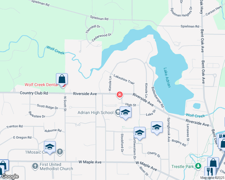 map of restaurants, bars, coffee shops, grocery stores, and more near 770 Riverside Avenue in Adrian