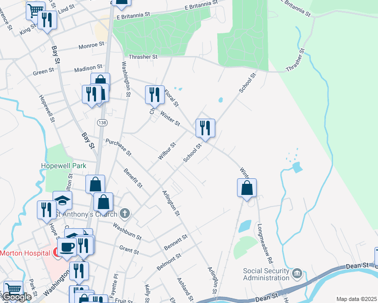 map of restaurants, bars, coffee shops, grocery stores, and more near 212 School Street in Taunton