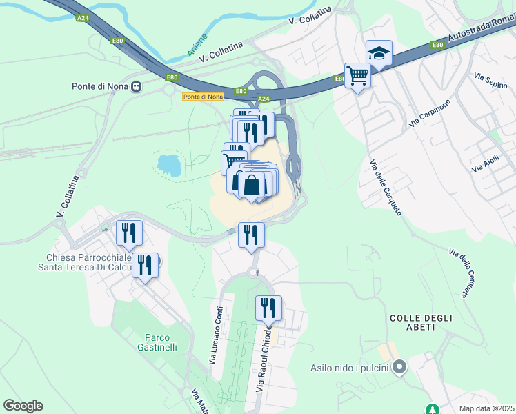 map of restaurants, bars, coffee shops, grocery stores, and more near 56 Via Giorgio Grappelli in Roma