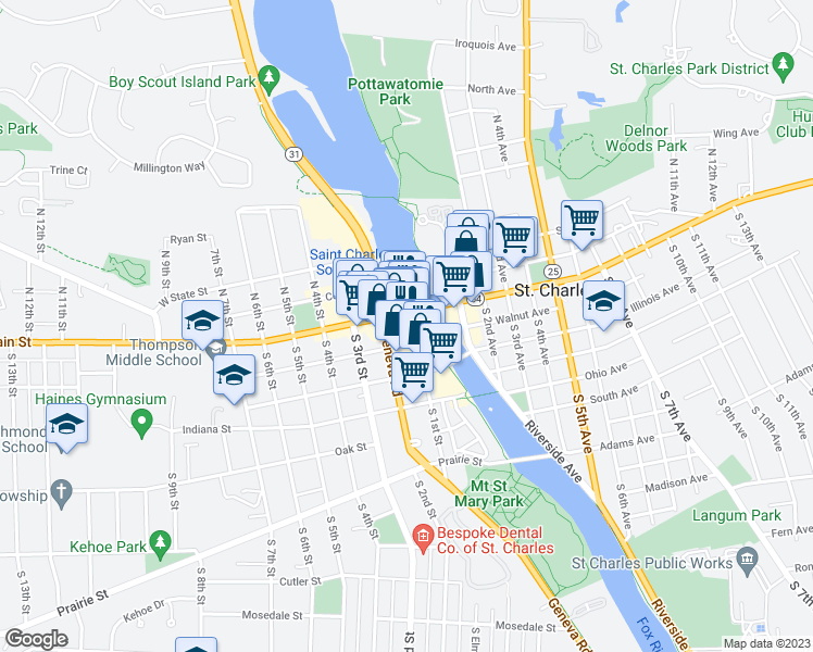 map of restaurants, bars, coffee shops, grocery stores, and more near 15 South 1st Street in St. Charles