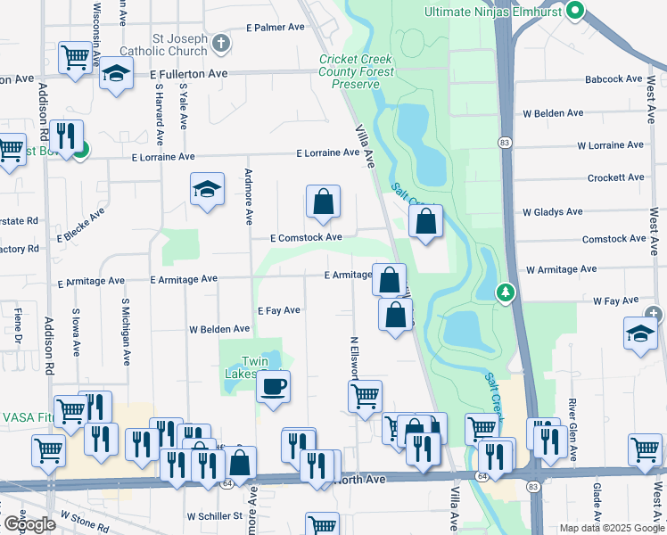 map of restaurants, bars, coffee shops, grocery stores, and more near 540 East Armitage Avenue in Addison