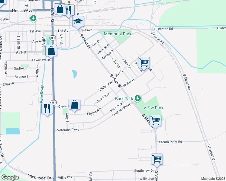 map of restaurants, bars, coffee shops, grocery stores, and more near 615 Dennis Street in Rochelle