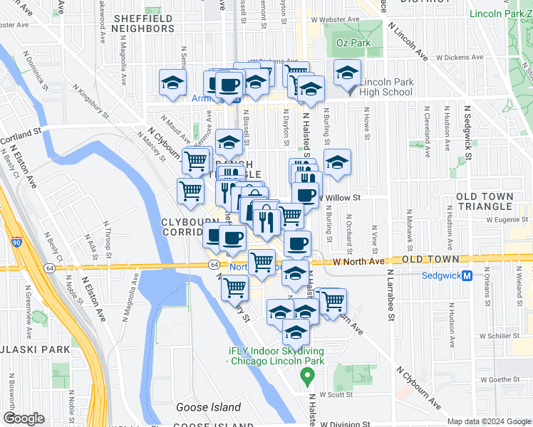 map of restaurants, bars, coffee shops, grocery stores, and more near 1713 North Bissell Street in Chicago
