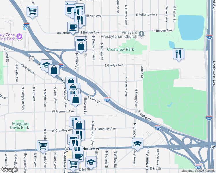 map of restaurants, bars, coffee shops, grocery stores, and more near 506 North Willow Road in Elmhurst