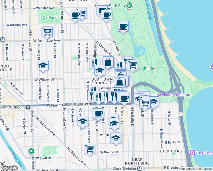 map of restaurants, bars, coffee shops, grocery stores, and more near 327 West Eugenie Street in Chicago