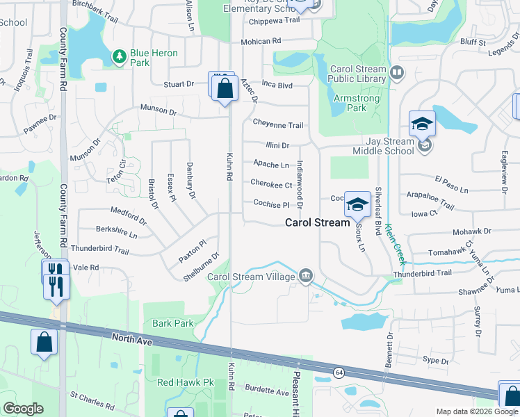 map of restaurants, bars, coffee shops, grocery stores, and more near 562 Cochise Place in Carol Stream