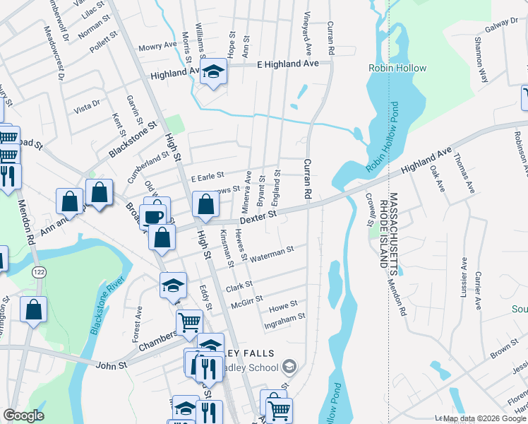 map of restaurants, bars, coffee shops, grocery stores, and more near 15 Bryant Street in Cumberland