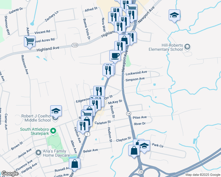 map of restaurants, bars, coffee shops, grocery stores, and more near 1 Horton Avenue in Attleboro