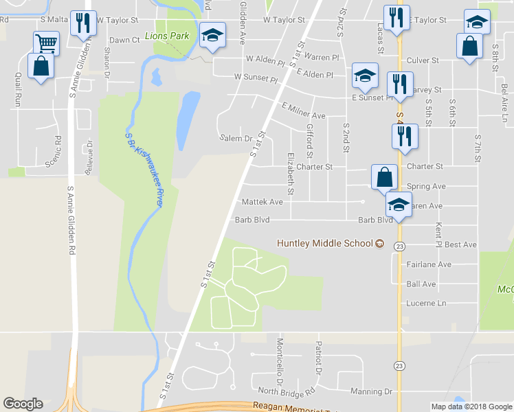 map of restaurants, bars, coffee shops, grocery stores, and more near 108 Mattek Avenue in DeKalb